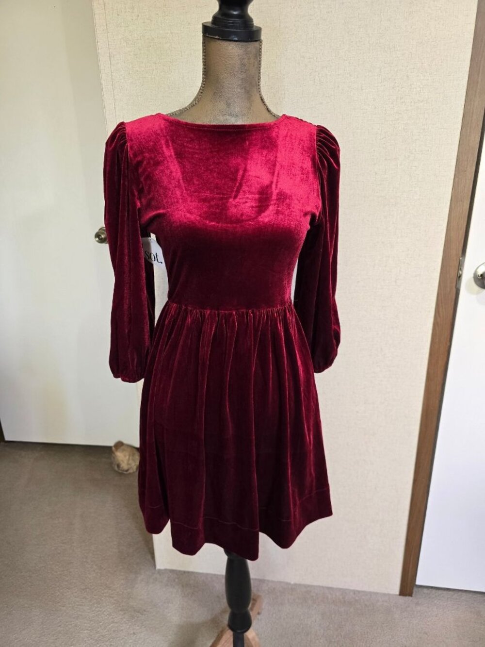 NEW Small Long Sleeve Velvet Dress Red Shirred Back Boho Whimsigoth Stretch